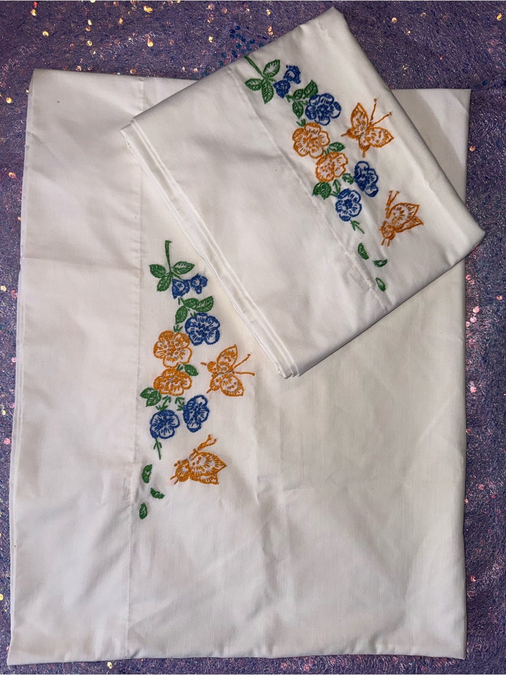 956-Hand Crafted White Pillowcase Set with Blue, Green and Gold Embroidery